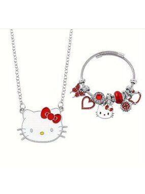 Hello Kitty Jewelry Set Red Bow Silver Tone Charm Bracelet Necklace